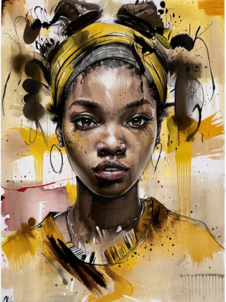 ink painting a portrait of a african girl wearing a yellow shirt and headband alluring style by RM <lora:russ-mills-style:1>