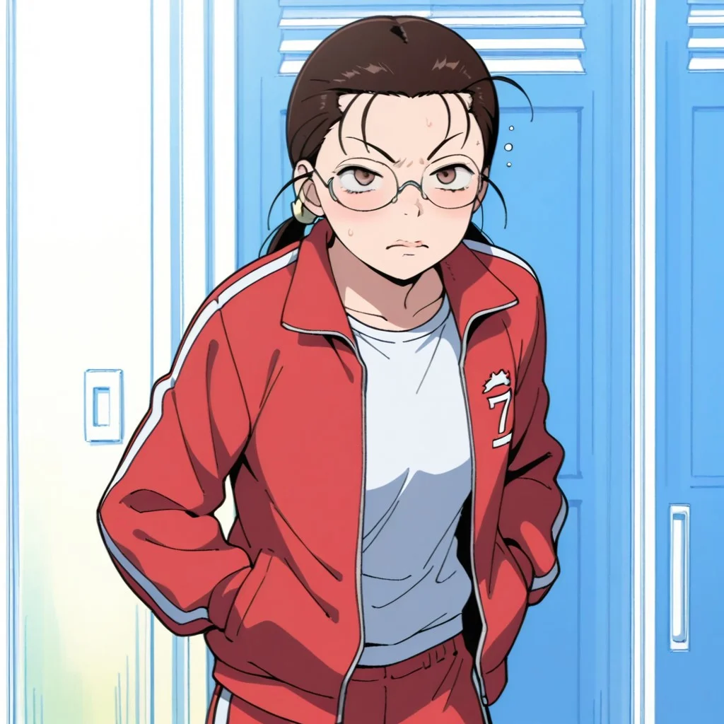 score_9,score_8_up,score_7_up(masterpiece), best quality, expressive eyes, amazing quality, solo, 1girl, track pants, brown eyes, shirt, t-shirt, jacket, glasses, kumiyami,