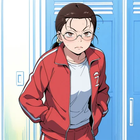 score_9,score_8_up,score_7_up(masterpiece), best quality, expressive eyes, amazing quality, solo, 1girl, track pants, brown eyes, shirt, t-shirt, jacket, glasses, kumiyami,