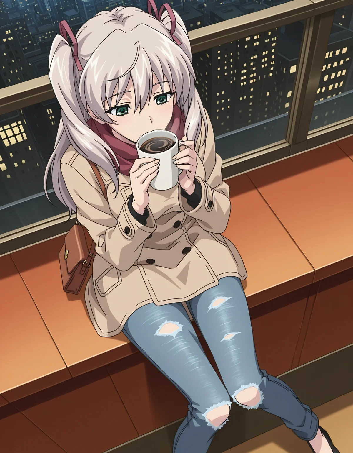 masterpiece,best quality,very aesthetic,zPDXL,2023,anime style,huge filesize,wallpaper,anime screencap,
BREAK <lora:suvia_v5-000018:0.8>,suviav5,1girl,solo,long hair,ribbon,hair ribbon,green eyes,two side up,breasts,twintails,medium breasts,grey hair,17-year-old girl,(a domineering girl:1.3),skinny,standing,dynamic_angle,dynamic_pose,close-up,fullbody,fashion,torn jeans,flat_shoes,contemporary,in spring,city,handbag,(coat:1.2),sleeveless dress,(drinking coffee:1.1),sitting,scarf,cap,