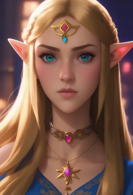 <lora:Zelda_NSFW-V1:0.7>, princess zelda/the legend of zelda/, green eyes, thick eyebrows, jewelry, blonde hair, long hair, bangs, parted bangs, sidelocks, blue shirt, tight pants, triforce, medium breasts, teeth, lips, thin lips, solo, looking at viewer, open mouth, holding lollipop, chupa chups, upper body, drooling, from below, back lighting, dark, multicolored background, masterpiece, best quality, very aesthetic, slutty facial expression,