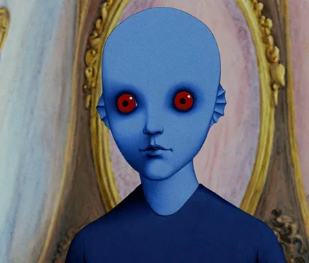 masterpiece,high resolution,8k,
fantasticplanet, no humans,room,interior,1girl,solo,looking at viewer,red eyes,bald,blue skin, fish-like ears,portrait,
 ,<lora:fantasticplanet-xl:0.8>,