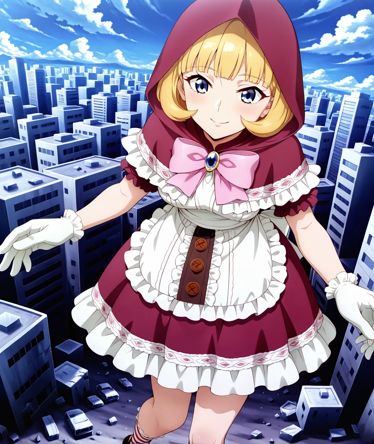 Rotkappchen, 1girl, solo, short hair, blue eyes, blonde hair, gloves, dress, bow, shoes, striped, hood, apron, pink bow, striped socks, socks, frilled dress, brooch, jewelry, white gloves, red hood, giantess
BREAK
<lora:mgmmzillustrious01:0.7>
BREAK
adult
BREAK
cowboy shot
BREAK
standing
BREAK
excited
BREAK
city, destroyed city, destruction
BREAK
masterpiece,best quality,absurdres,very aesthetic, <lora:rotkappchen_IL_Lora_v1:1>,anime coloring,anime screenshot, <lora:StS_Age_Slider_Illustrious_v1:4>