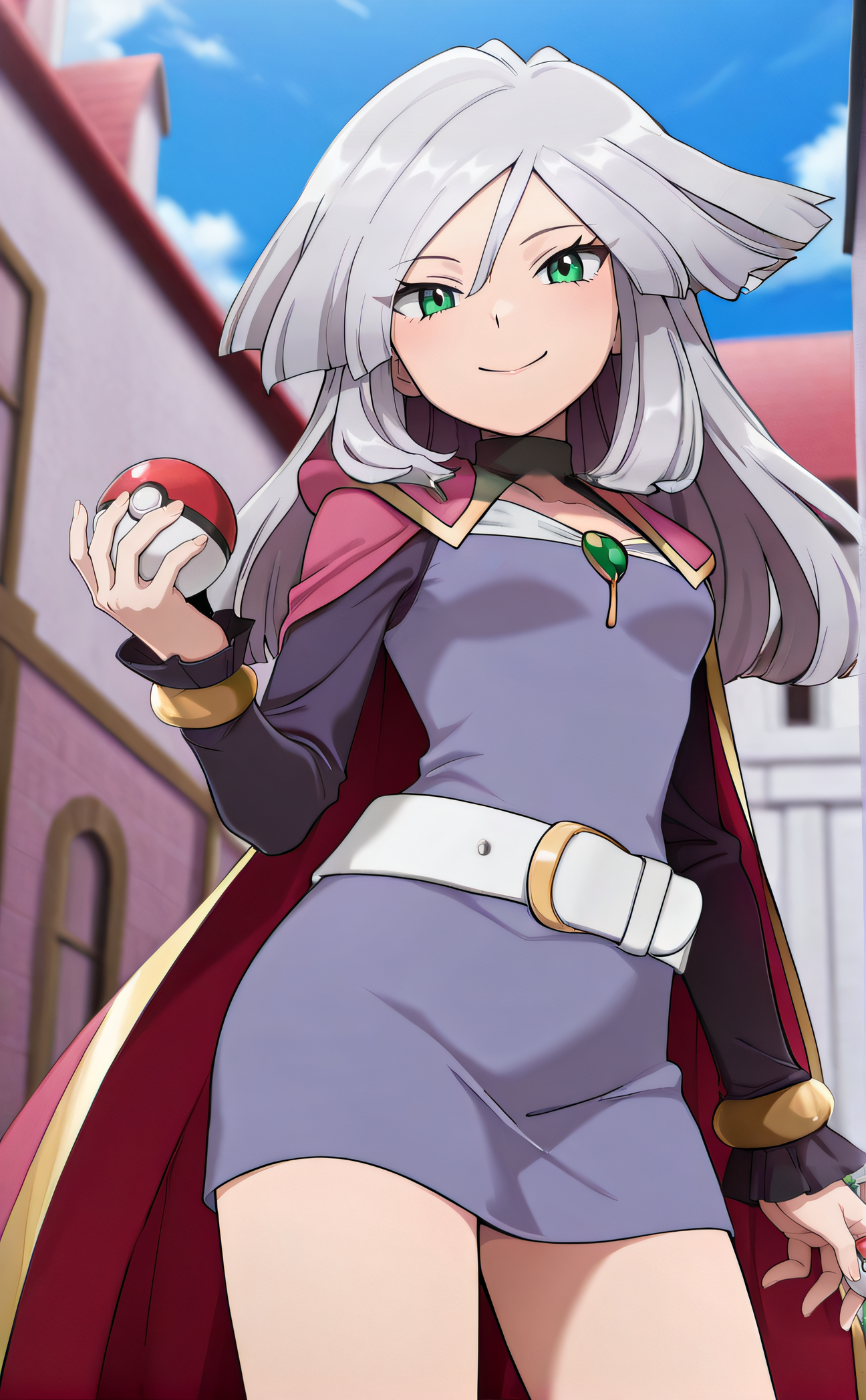 masterpiece, best quality, highres, newest, 1girl, solo, official style, anime screencap, <lora:Tiffany:1>, tiffany. green eyes, grey long hair, purple dress, white belt, cape, long sleeves, looking at viewer, smile, outdoor, cowboy shot, from below, five fingers:1.3, holding pokeball