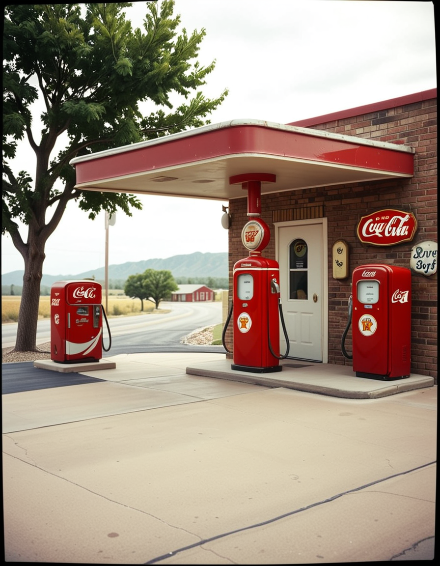 A realistic vintage photograph of a 1950s American gas station with no people present. The small brick building has a flat roof with a wide canopy extending over two classic red gas pumps from the 1950s, featuring chrome details, round meters, spiral hoses, and retro branding like "Texaco" or "Shell".The ground is old concrete with cracks and oil stains. Beside the station, there's a vintage Coca-Cola vending machine and a hand-painted wall sign that reads âDrive Safely!â. The sky is lightly overcast, casting soft shadows and a nostalgic mood. In the background, leafy trees, distant low hills, and an empty country road stretch into the distance. The photo has a slightly faded, desaturated color palette with warm vintage tones and a subtle grain, mimicking the look of 1950s Kodak film photography. The overall atmosphere is calm, quiet, and deeply nostalgic.
<lora:SDXLFaeTastic2400:0.4> <lora:extremely_detailed:0.4> extremely detailed, <lora:1950s_American_gas_st4t10n:1>,1950s American gas st4t10n, Masterpiece,best quality,hi res,8k,hi res,8k,award winning,(sharp focus, intricate, highly detailed),