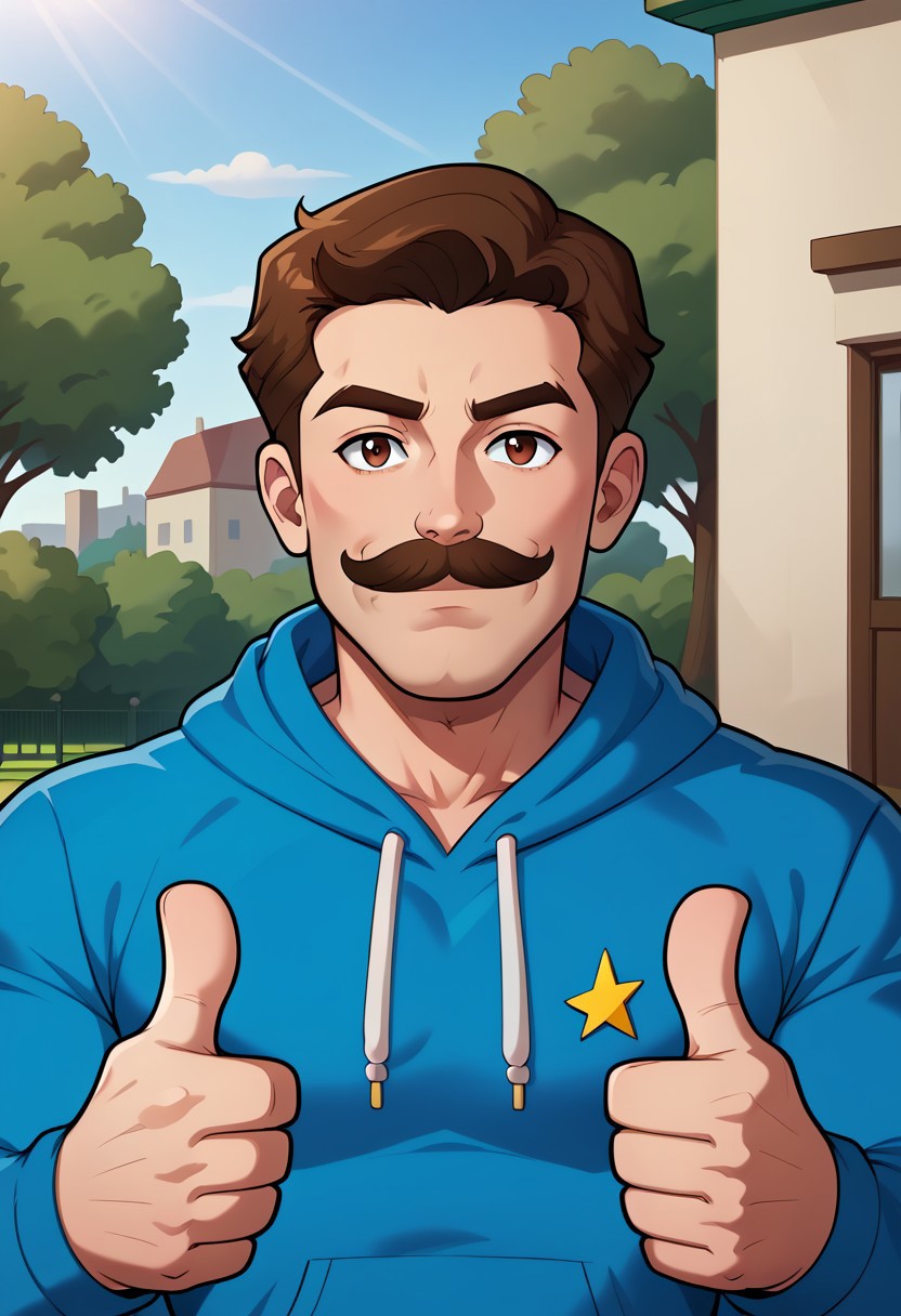 park neighborhood, park background, day, day time, 2d, 1male, masterpiece, best quality, extreme detail, brown hair, pale-skinned male, mustache, blue hoodie, thumbs up, brown eyes,
close up, upper body, blank expression, looking at viewer