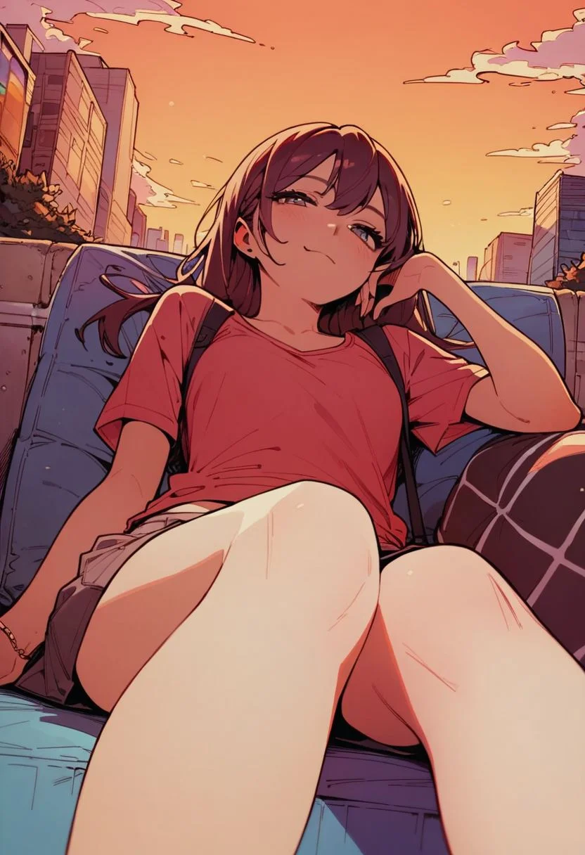 score_9, score_8_up, score_7_up, anime, young woman, 23 years old, relaxing, low pov, urban clothes, evening, lewd outfit, erotic, suggestive