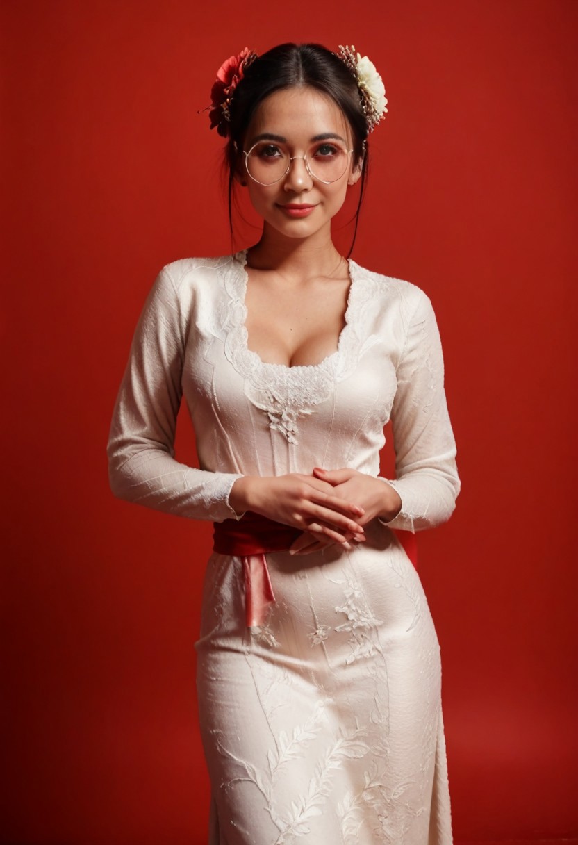 score_9, score_8_up, score_7_up, masterpiece, 1girl, (solo:1), human, 
simple red background, 
21 years old, Japanese, Asian, supermodel, beautiful face, (black hair highlight:1.1), (blue eyes:1.1), bun hairstyle, white pale skin, 
narrow shoulder, voluptuous breasts, 40GG cup breasts, perky breasts, alluring neckline, deep cleavage, soft body, sexy body, wide hips, narrow waist, thick thighs, defined thigh gap, curvaceous big round butt,
cute pose, front view, one arm raised, covering cleavage, leaning forward, standing, 
cute facial expression, blushing, glossy lips, (pink lips:1.1), mouth closed, smiling, natural make up, round glasses, (tight long kebaya dress, red and white dress color composition:1.5), very low neck cut, long sleeve, sash, flower hair ornament, 
dramatic shadows, highly detailed, detailed skin,
Kebaya,