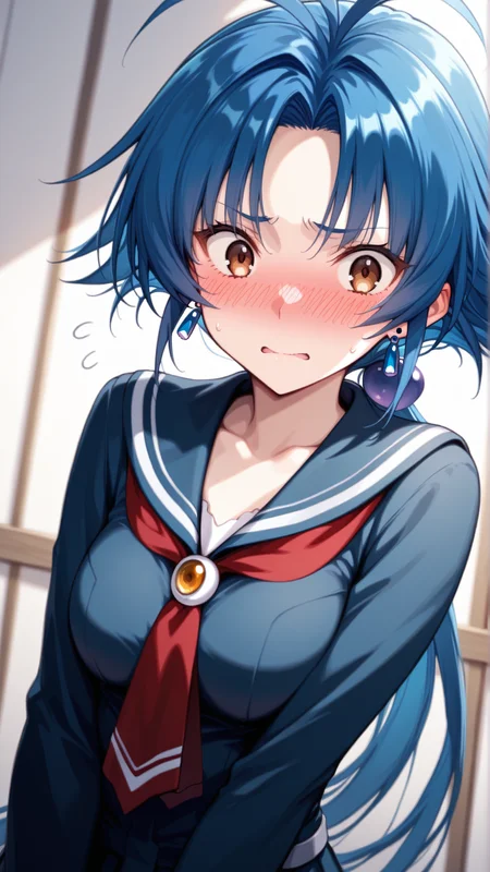 source_anime, general, best quality, masterpiece, 1girl, <lora:Aria_Advance_ill_v1.1:1> aria_advance\(srw\), brown eyes, blue hair,medium breasts,long hair,low ponytail , jewelry,earrings,serafuku, flustered, (embarrassed:0.8), dynamic pose, dutch angle,