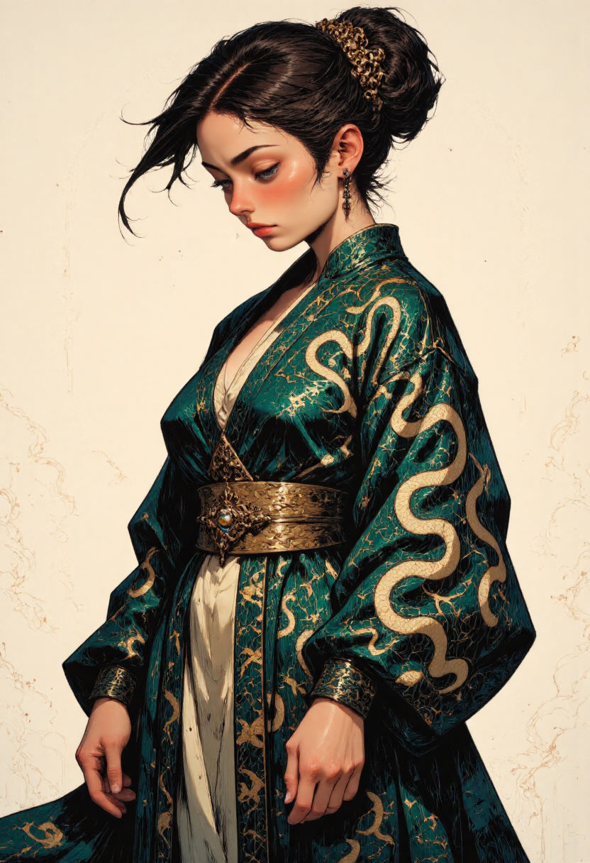 a woman, wearing a luxurious traditional snake hanfu with green snakes, displayed against a clean, plain background. The inner layer of the hanfu with a subtle, iridescent sheen reminiscent of snake scales under light. The clean background emphasizes the dramatic color contrast and the intricate textures, highlighting the elegance and striking craftsmanship of the attire. The woman is looking down., MysticComic, l1n0c2t<lora:00-test/SnakeHanfu-000037.safetensors:1.0:1.0> <lora:CustomFlux/MysticRealism.safetensors:0.5:0.5> <lora:CustomFlux/MysticComic-v3.safetensors:0.5:0.5> <lora:Flux/Linocut - s1 g4.safetensors:0.5:0.5>