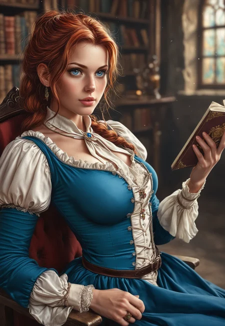 RAW photo, Hyper realistic, realistic photo, masterpiece, stunning, best quality, expression, a highly detailed, young beauty woman, ((style medieval)), elegant medieval dress with lace, curvy body, highly detailed, auburn-haired, dynamic angle, ultraHD
dynamic pose
BREAK
(((full-clothed))), ((simple leather-bound book in hands, old tome in hands))
ancient castle library background
 <lora:add-detail-xl:1>
 <lora:Dynamic Poses:1>
<lora:DandonFuga_Style_v.2_-_Pony:0.8> 
