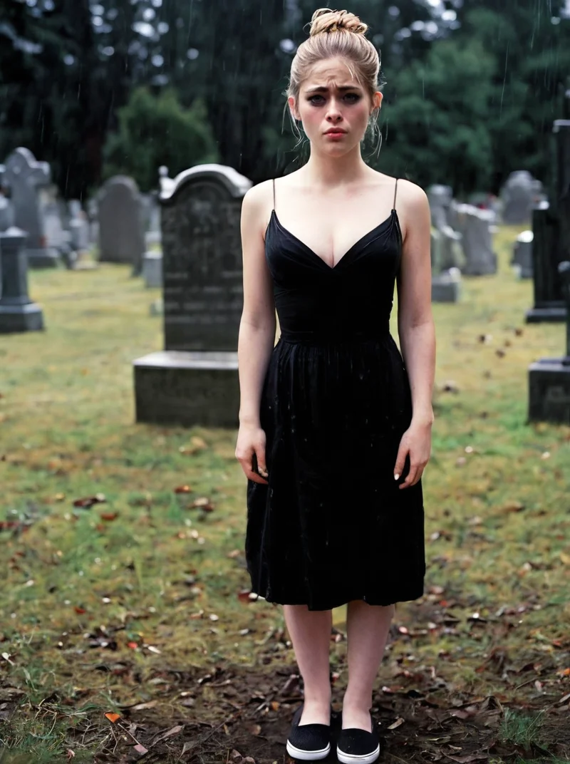 analog photograph of 1girl looking like Kristen_Sims_P_MXAI_SDXL , tearful sad expression, "ready-for-a-funeral", black dress, looking down, in a rainy graveyard at dusk, ((full body shot)), PA7_Portrait-FL filmgrain