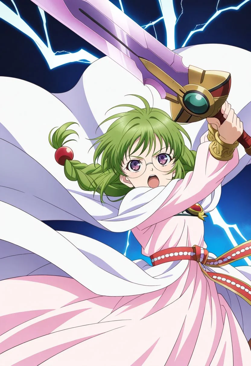 detailed eyes, beautiful, detailed background, perfect eyes,
source_anime, very aesthetic, anime coloring, masterpiece, official art,
<lora:HandFineTuning_XL:1>
BREAK,
dark blue background, dynamic effects, swinging effects, gradient background,
action pose, dynamic pose, fighting stance, serious, open mouth, dynamic angle, cowboy shot, from below
holding sword up, clemente, sword with purple blade with cracks, holding sword with both hand, long sword, looking up, lightning, lightning effects,
BREAK,
<lora:philia_illustrious_v02:0.95>
todphilia, twin braids, green hair, purple eyes, long hair, hair bobbles, shoulder hair, round glasses,
half wing brooch, light pink dress, long dress, long sleeves, white cape, white waist cape, jewelry, red waist ribbon, green pattern,
white footwear, flat shoes, no socks,