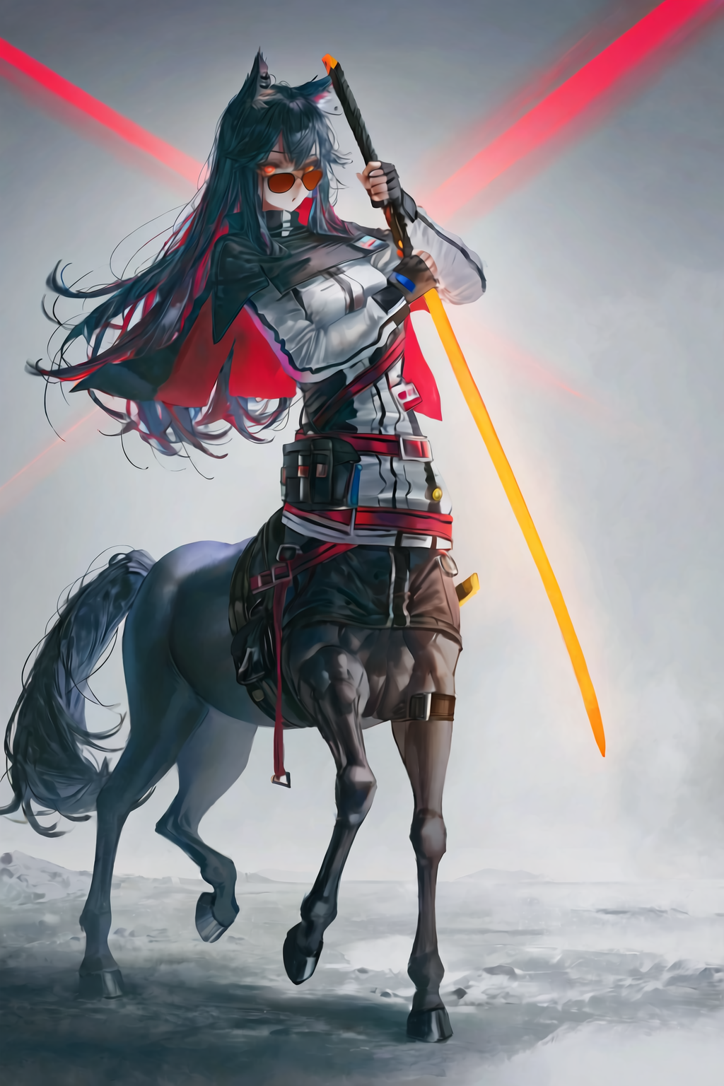 1girl, texas \(arknights\), 
taur, centaur, dog girl, (artist:betabeet:1.2100000000000002), artist:john kafka, artist:nixeu, artist:quasarcake, armored, amazing quality, high definition, holding sword, looking at viewer, fingerless gloves, solo, full body, monster girl, amazing quality \(cosplay\), red eyes, holding weapon, animal ear fluff, tail, animal ears, holding, weapon, sunglasses, cosplay, sword, long hair, wolf ears, taurus \(zodiac\), black hair, capelet, zodiac, glove pull, wolf girl,
best quality, very aesthetic, very aesthetic, masterpiece, best quality, very aesthetic, absurdres, highres, absurdres, sensitive