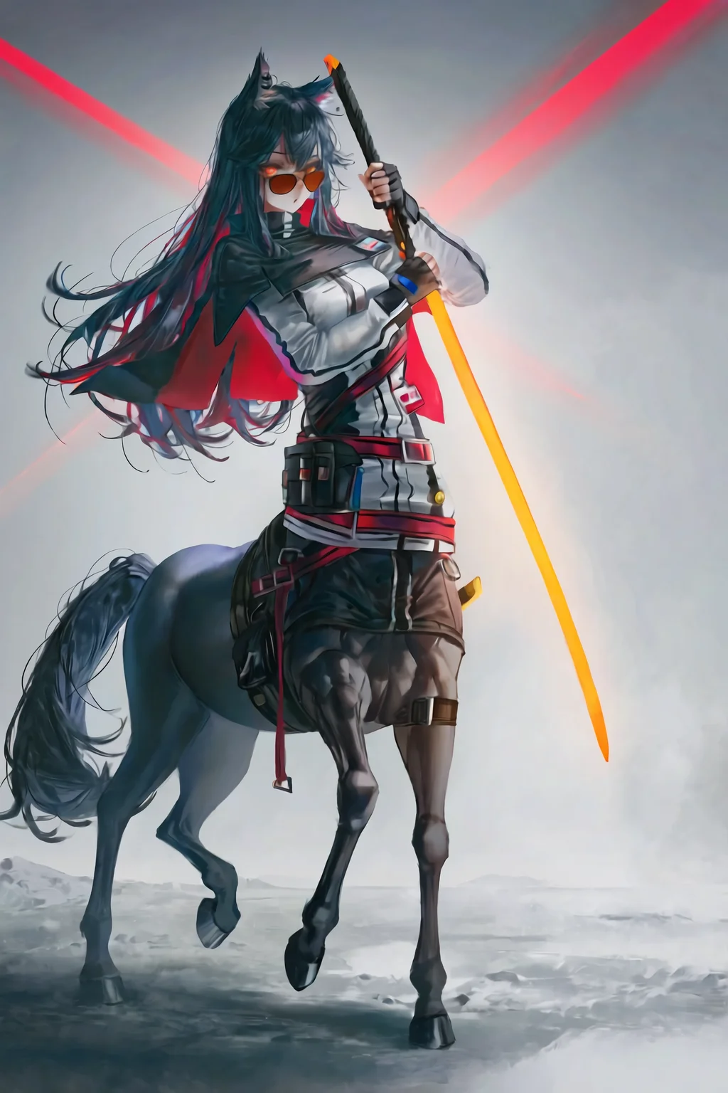 1girl, texas \(arknights\),
taur, centaur, dog girl, (artist:betabeet:1.2100000000000002), artist:john kafka, artist:nixeu, artist:quasarcake, armored, amazing quality, high definition, holding sword, looking at viewer, fingerless gloves, solo, full body, monster girl, amazing quality \(cosplay\), red eyes, holding weapon, animal ear fluff, tail, animal ears, holding, weapon, sunglasses, cosplay, sword, long hair, wolf ears, taurus \(zodiac\), black hair, capelet, zodiac, glove pull, wolf girl,
best quality, very aesthetic, very aesthetic, masterpiece, best quality, very aesthetic, absurdres, highres, absurdres, sensitive