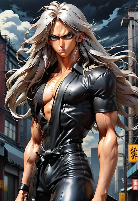 masterpiece, best quality, detailed oil painting, dynamic manga illustration, dark vaporwave background, urban scenery, expressive closeup, bulky muscular build, wearing long black leather coat and pants, very long silver sephiroth hair, thick leather straps crossing chest to form an "X", holding very long katana vertically, exaggerated condescending facial expression, beautiful, pale skinned, male, androgynous, boy, green eyes, stylized oversized combat boots, solo
