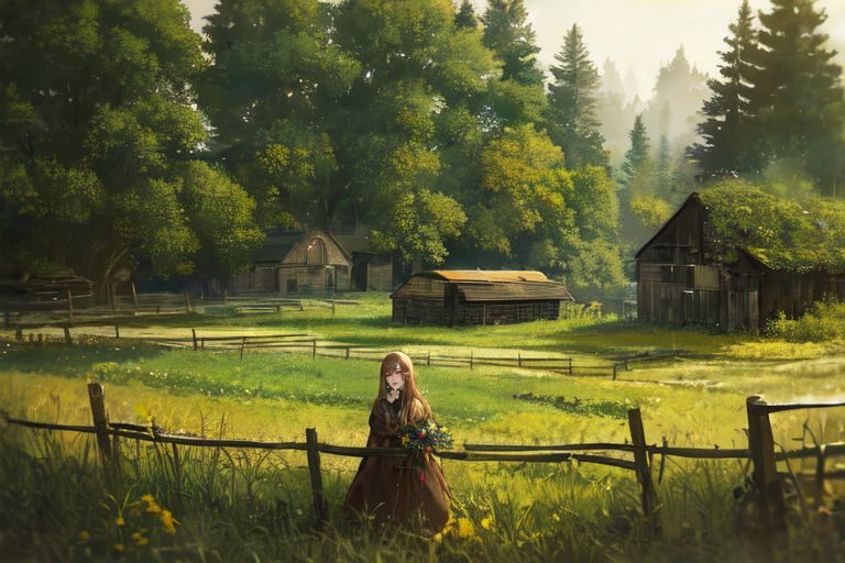 (otherworldly), highly insanely detailed, masterpiece, top quality, best quality, highres, 4k, 8k, RAW photo, (very aesthetic, beautiful and aesthetic), farm, fields, barn, fence, fantfa, <lora:FantasyFarm-10:0.6>, 
1girl, 
(light brown hair,floral hair ), 
(dark background),âââ