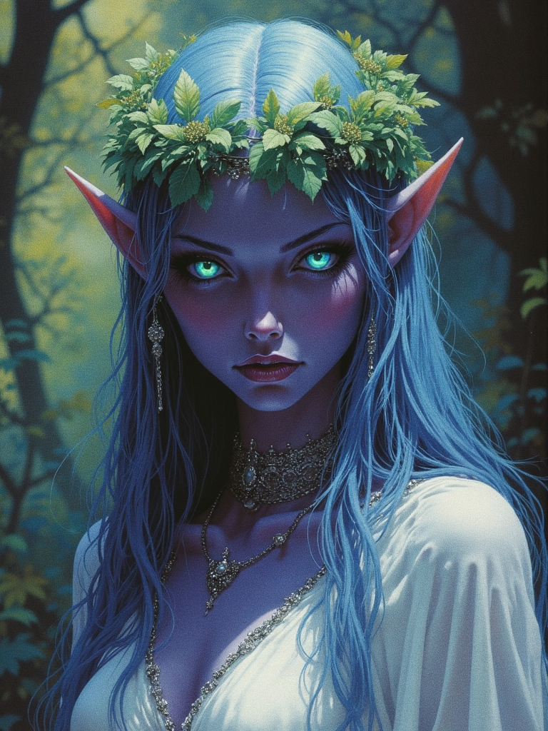 drkfnts style, elf woman with dark purple skin and glowing cyan eyes, she have long blue hair, she wearing white dress with silver ornaments and head wreath made of leaves,  film grain, dark fantasy, <lora:sxz-Dark-Fantasy-v2-Flux:1>