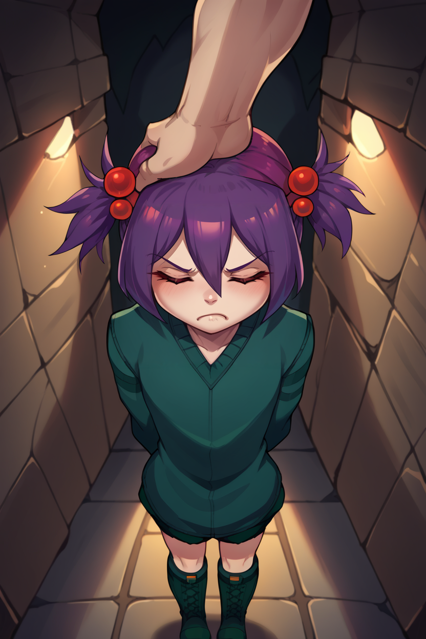 score_9, score_8_up, score_7_up, score_6_up, source_anime, BREAK 1girl,  <lora:mccavespider-pdxl-nvwls-v1-000005:1> spid3r, short twintails, purple hair, hair bobbles, green sweater, green shorts, green boots, headpat, closed eyes, pout, cave, cave interior, from above, arms at sides