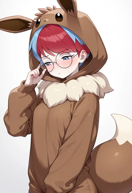 masterpiece, best quality, amazing quality, very aesthetic, absurdres, eevee cosplay, eevee (cosplay), cosplay, hood, hood up, long sleeves, kigurumi, animal ears, pokemon tail, tail, penny_\(pokemon\), 1girl, short hair, bangs, blue hair, red hair, multicolored hair, two-tone hair, glasses, round eyewear, grey eyes,