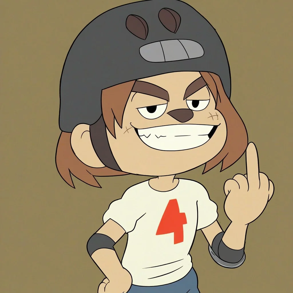 score_9, solo, handlebarb, brown hair, short hair, helmet, short stack, big boobies, furry, turning into a werewolf,
, looking at the viewer, middle finger, smug, grin,