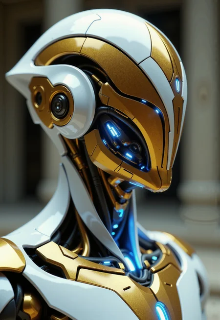 in the style of ckfa, Photorealistic portrait of a faceless android warrior, forged with the elegant, advanced technology and aesthetic of the StarCraft Protoss. Shown in a graceful quarter view, head held high with a slight contemplative tilt. Features a sleek helmet design with a flowing, golden V-shaped crest converging towards a central energy point, crafted from polished white and gold alloys. The helmet's sides are perfectly smooth, curving elegantly backwards. A brilliant, steady blue psi-energy glows softly from the central point and fine, inscribed conduits tracing the helmet's surface. Extremely intricate neck and upper torso are visible, displaying seamlessly layered golden and white plates with precise, glowing blue energy seams, suggesting advanced power systems and perhaps integrated Khaydarin crystal matrices. The design emphasizes smooth curves and technological sophistication over exposed mechanics. Set against a serene, out-of-focus background hinting at Protoss architecture or a Xel'Naga temple. Clean, ethereal cinematic lighting emphasizing the polished surfaces and radiant energy glow, hyperrealistic textures, shallow depth of field.