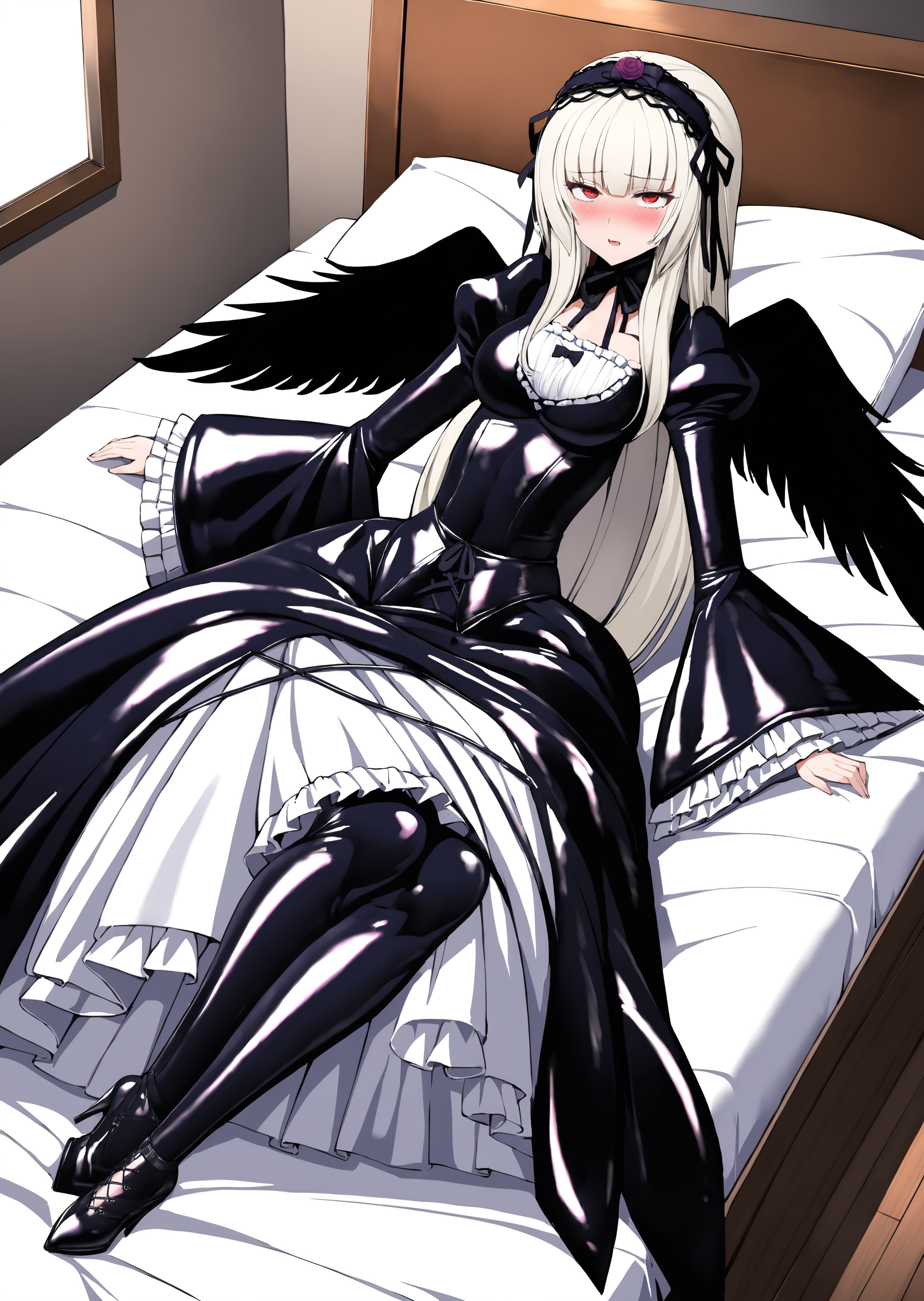 masterpiece, ultra detailed, perfect anatomy,
1girl, (suigintou:1.2), rozen maiden,
long hair, red eyes, long sleeves, blunt bangs, black dress, black neck ribbon, black footwear, frills, wide sleeves, very long hair, puffy sleeves, juliet sleeves, black corset, feathered wings, black wings,
silver hair, straight hair, medium breasts, black hairband, (long skirt:1.2), high heel boots, cross-laced clothes, cross,
bdsm, asphyxiation, ahegao, blush, impossible clothes, latex mouth mask, (egg vibrator:1.2), (skirt lift:1.2),
indoors, hotel room, lying on bed,
shiny latex, latex fetish, latex fashion,
detailed face, detailed hair, detailed eyes,
solo, <lora:char - suigintou - v1 - bionagato_2:0.75> <lora:tesomu-sdxl-bf16-full:1>