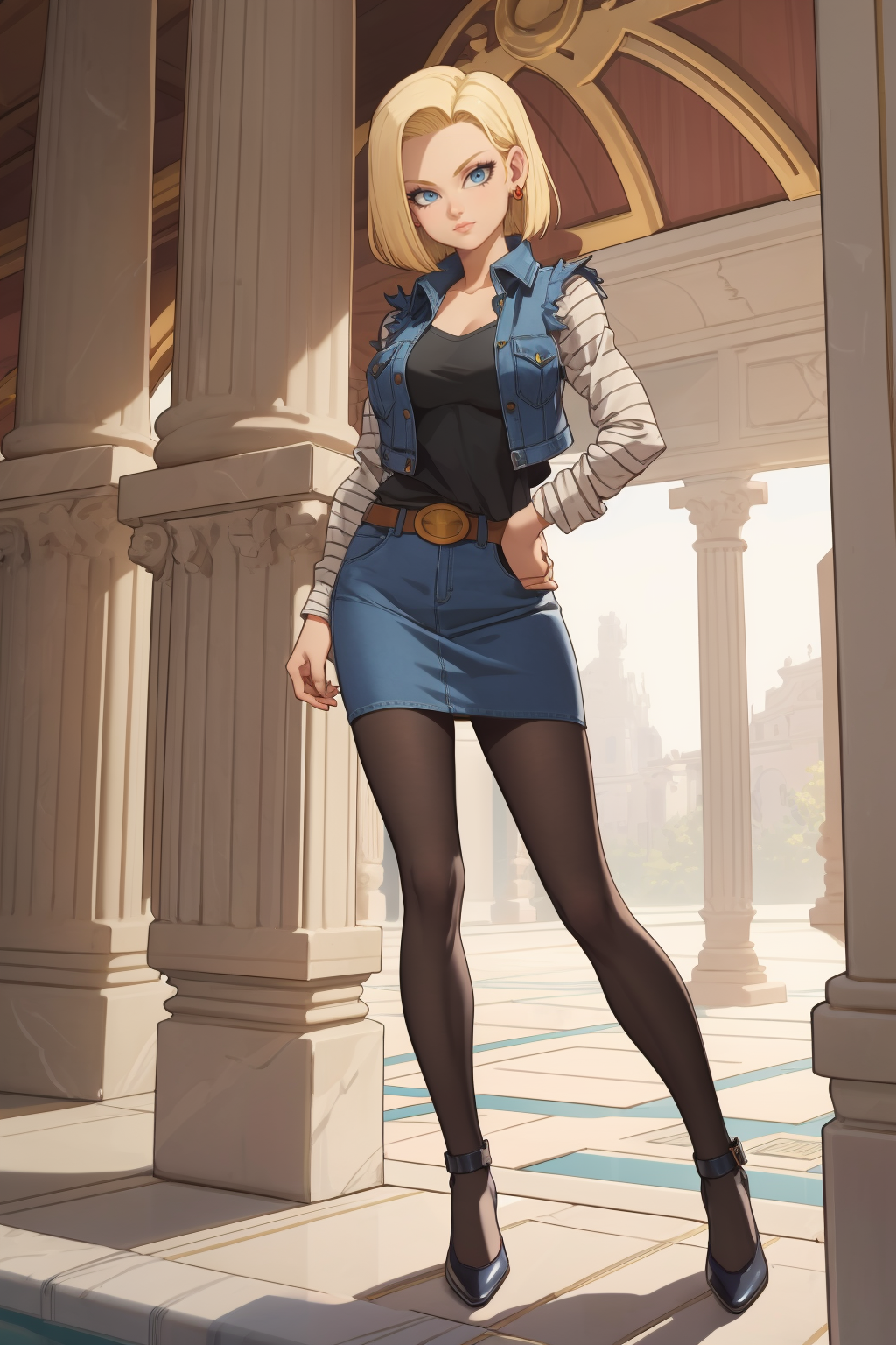1girl, (solo:1.2), (looking at viewer:1.5), (interesting pose:1.2), (dynamic pose:1.2), (portait:1.3) <lora:Bartolomeobari [MockAi - v1.0]:1> bartolomeobari, expert shading, low contrast, clean lineart, (masterpiece:1.3), (best quality:1.3), (perfect anatomy:1.4), highly detailed, <lora:DB - Android 18 [AsuraAI - v1.0]:0.85> android18, earrings, denim, belt, blonde hair, blue eyes, short hair, jewelry, (denim vest:1.2), open vest, black pantyhose, black shirt, denim skirt, (white striped long sleeves), blue skirt, large breasts, (inside:1.4), (bathhouse:1.3), (marble pillars:1.2), (marble flooring:1.3), steam, pool