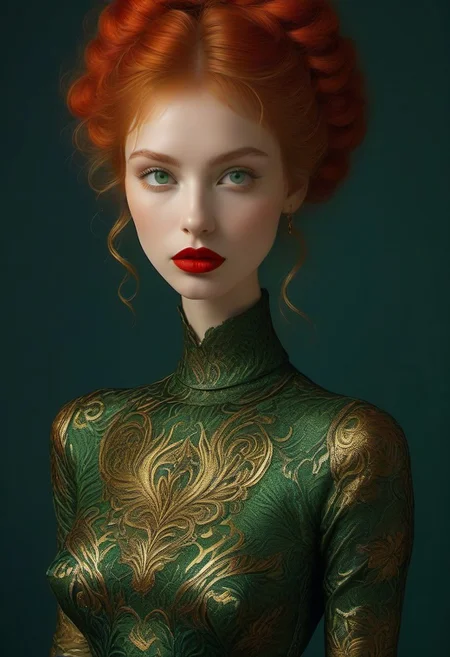 bellissima, 30 years old female as goddess of fire (slender, athletic), skin tight Green-red intricate brocade gown with a deep cleavage, golden bangles,loose golden anklets, (high heels), looking at viewer, parted lips, blue eyes, ginger long bun hair, perfect white teeth, vibrant deep red lipstick, long black eyelashes, realistic, small nose, vibrant colors, erotic dynamic pose, full body view, RAW Photo, fashion magazine shot,