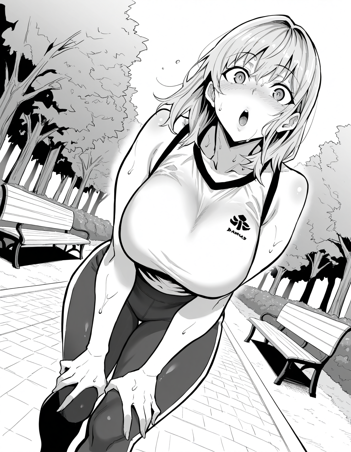 masterpiece, best quality, amazing quality, <lora:Dramus_-_Abukano-000008:0.8>, damusan0, monochrome, greyscale, 
1girl, medium hair, mature, sportswear, yoga_pants, looking at viewer, gasp, blonde hair, 
in summer, day, dynamic_angle, park, lawn, bench, path, cowboy shot, sweat, hands on own legs, from below, walking,