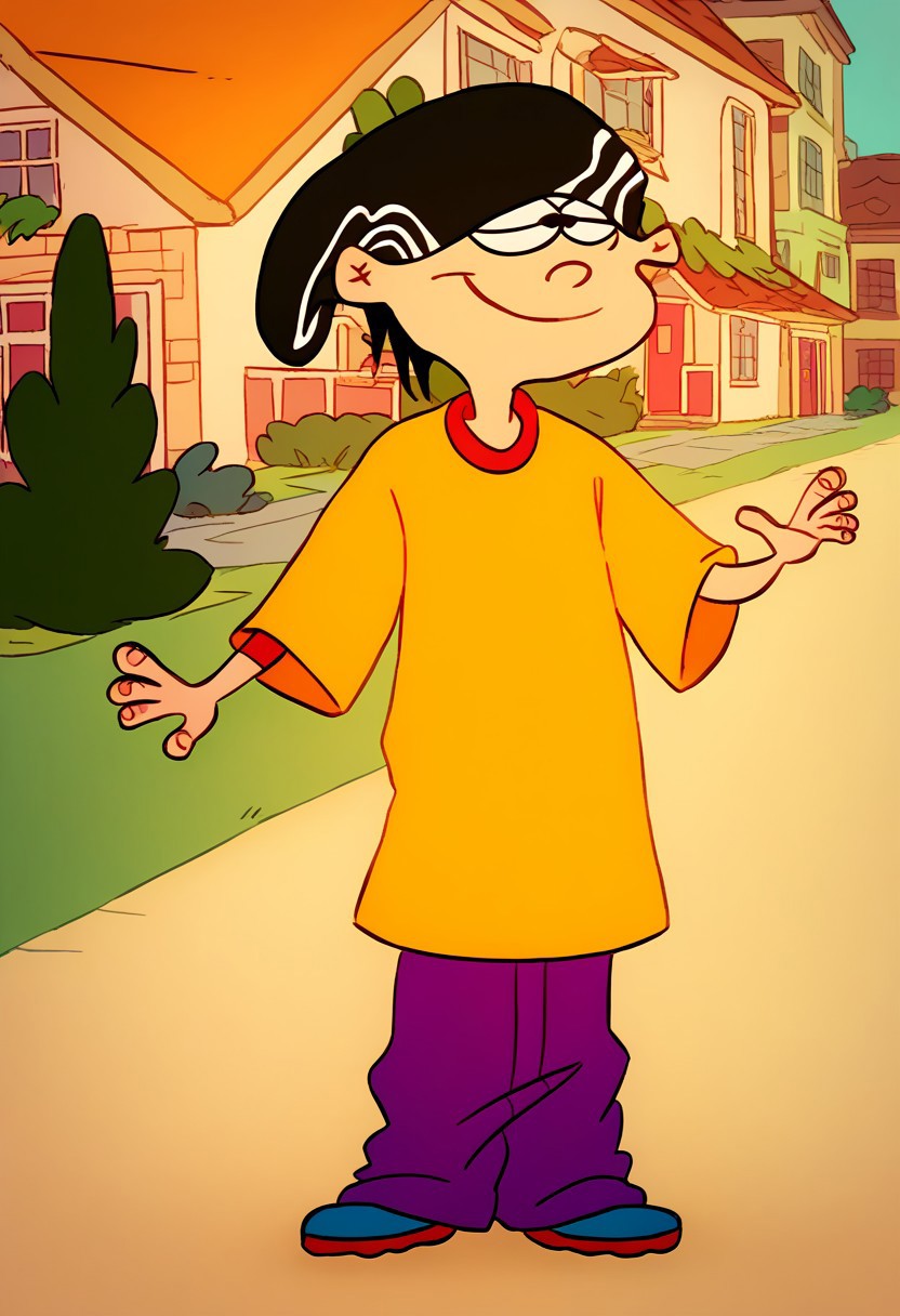 score_8, score_8_up, score_7_up, score_6_up, source_cartoon, ededdneddy BREAK, 1boy, solo, male focus,, Double D, beanie, black hair, orange shirt, purple shorts, red socks, blue shoe, suburb background, cul-de-sac background, street, sidewalk, house, building, outdoors