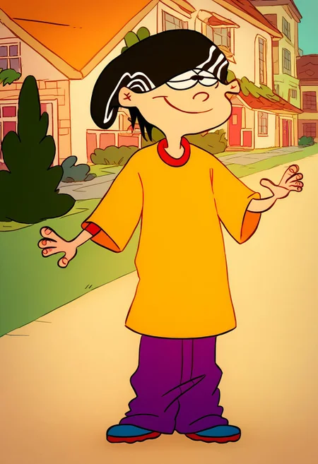 score_8, score_8_up, score_7_up, score_6_up, source_cartoon, ededdneddy BREAK, 1boy, solo, male focus,, Double D, beanie, black hair, orange shirt, purple shorts, red socks, blue shoe, suburb background, cul-de-sac background, street, sidewalk, house, building, outdoors