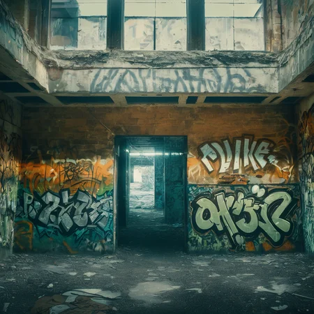 photo closeup of an abandoned building, <lora:UrbanGraffiti:1>, UrbanGraffiti, cinematic light, (masterpiece:1.3), (intricate:1), best quality,