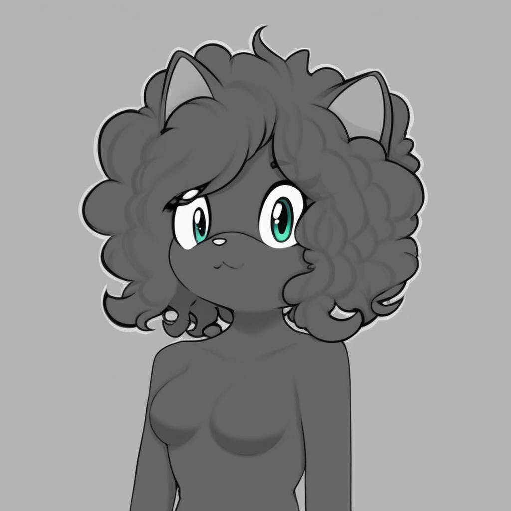 furry, anthro, curly hair, shading style, medium breasts, cat