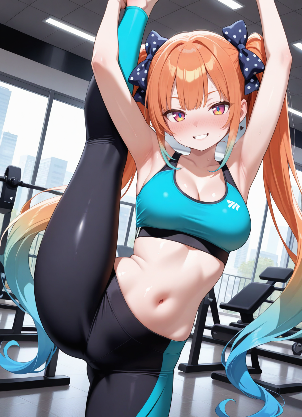 1girl, solo, titan, long hair, twintails, very long hair, blue hair, hair bow, multicolored hair, pink eyes, orange hair, gradient hair, blue bow, bangs, multicolored eyes, polka dot bow, medium breasts, yoga pants,, gym, sports bra, navel, midriff, cleavage, stretching, leg up, flexible, blush,, cowboy shot, dutch angle, looking at viewer,, , dutch angle, cowboy shot,, , shiny, shiny skin, shiny hair, soft body,, , sexually suggestive, naughty face, horny, naughty face, nose blush,