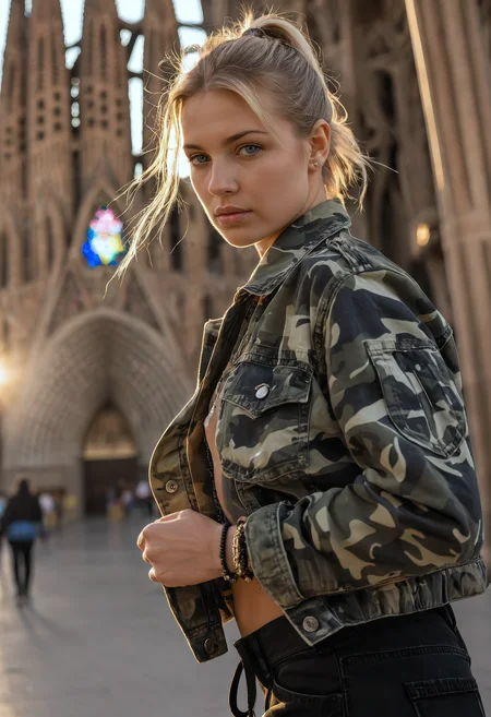 sdxl_doutmurpv1, cinematic photo, cowboy shot, (sagrada familia with barcelona skyline), 1girl, perfect side ponytail hair, diamond bracelet, iolite handmade bracelet, (camo print jacket with black cargo pants), captured in natural golden hour light, soft shadows, ambient realism, organic color palette, gently blurred background, highly detailed