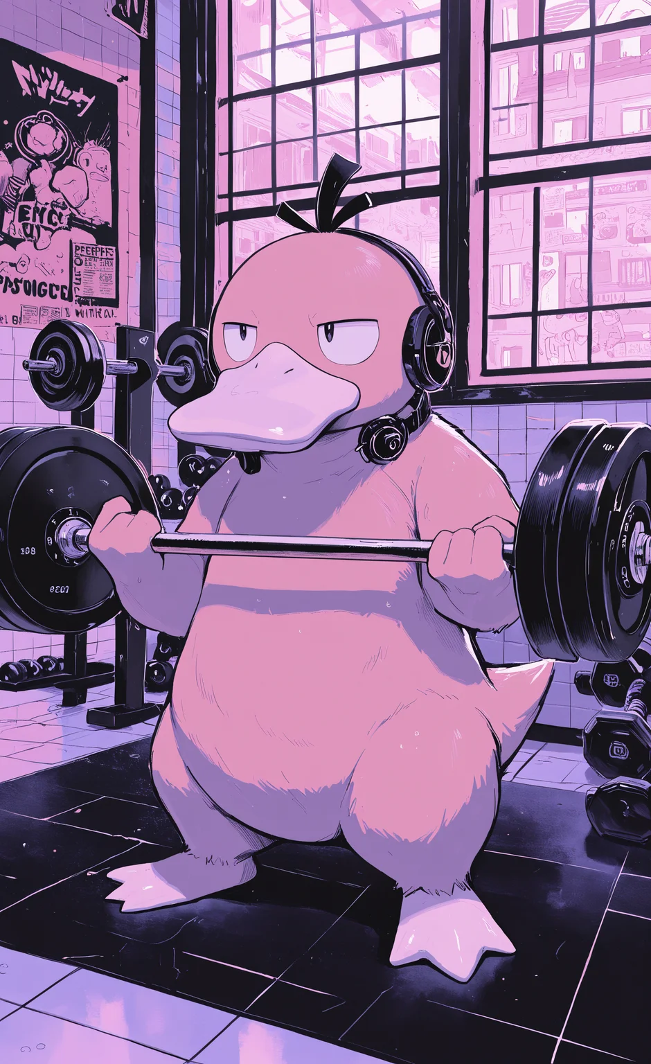 masterpiece, best quality, good quality, very awa, newest, highres, absurdres, psyduck, solo, standing, indoors, pokemon \(creature\), no humans, window, headphones, tiles, tile floor, poster \(object\), exercise, gym, dumbbell, weightlifting, weights, limited palette, <lora:illustriousXL_stabilizer_v1.23:0.3> <lora:NOOB_vp1_detailer_by_volnovik_v1:0.3> <lora:ponyv6_noobE11_2_adamW-000017:0.3> <lora:114558v4df2fsdf5:0.6> <lora:XXX667:0.4> <lora:mon_monmon2133:0.5>