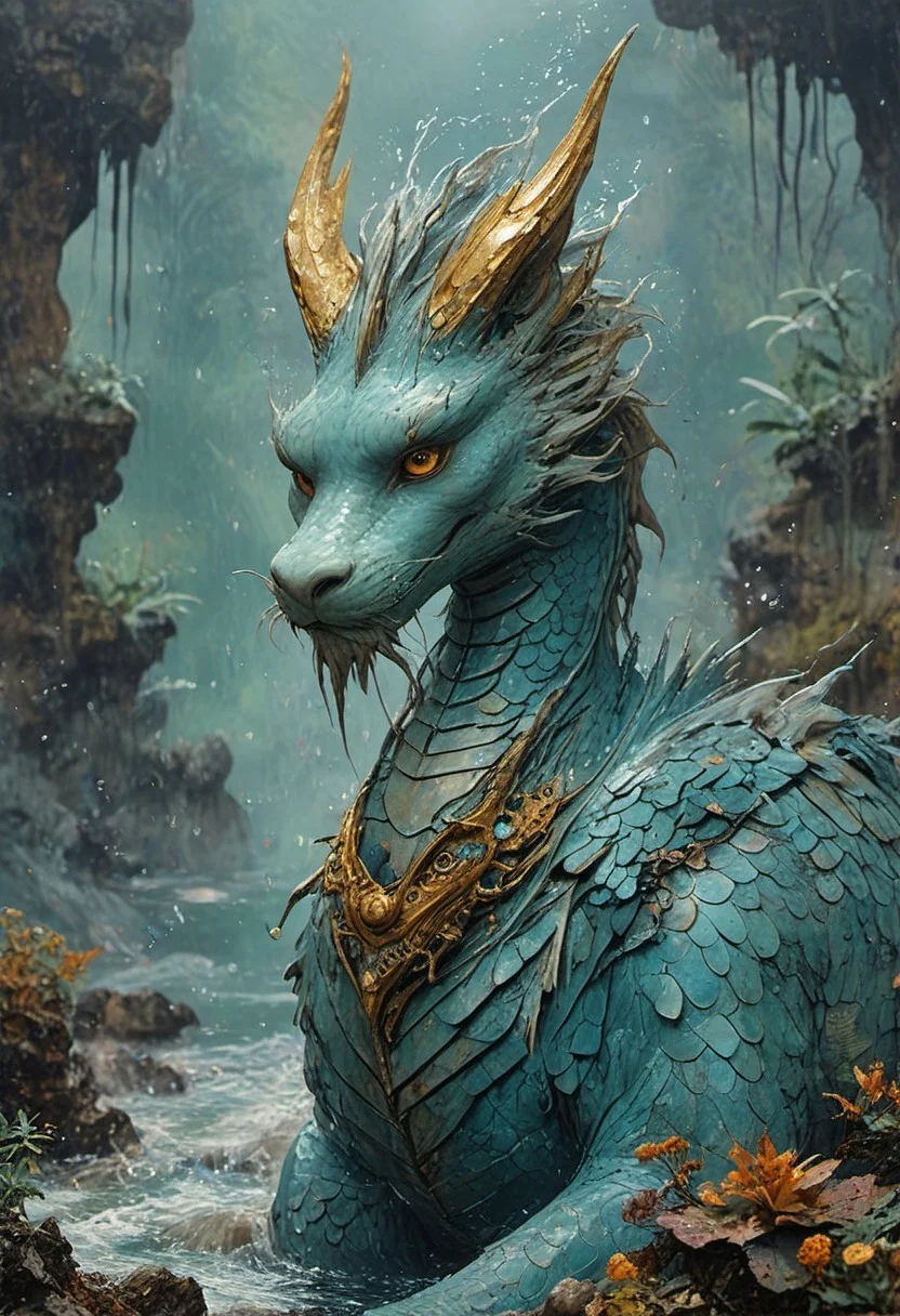 The composition includes water, The dragon's intricate scales and intelligent eyes convey a sense of wisdom and calm. They are surrounded by a misty, magical environment with a cool, soft color palette, evoking a feeling of peace and mysticism. texture is clear, light refraction, corgi and water are not fuzzy, in hd, phone wallpaper size, hd, 32k minimalist alien race cybergoth fashion photography painting, in the style of teal and gold. in the background, tintricate stunning highly detailed,
