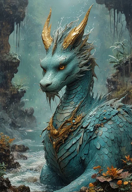The composition includes water, The dragon's intricate scales and intelligent eyes convey a sense of wisdom and calm. They are surrounded by a misty, magical environment with a cool, soft color palette, evoking a feeling of peace and mysticism. texture is clear, light refraction, corgi and water are not fuzzy, in hd, phone wallpaper size, hd, 32k minimalist alien race cybergoth fashion photography painting, in the style of teal and gold. in the background, tintricate stunning highly detailed,