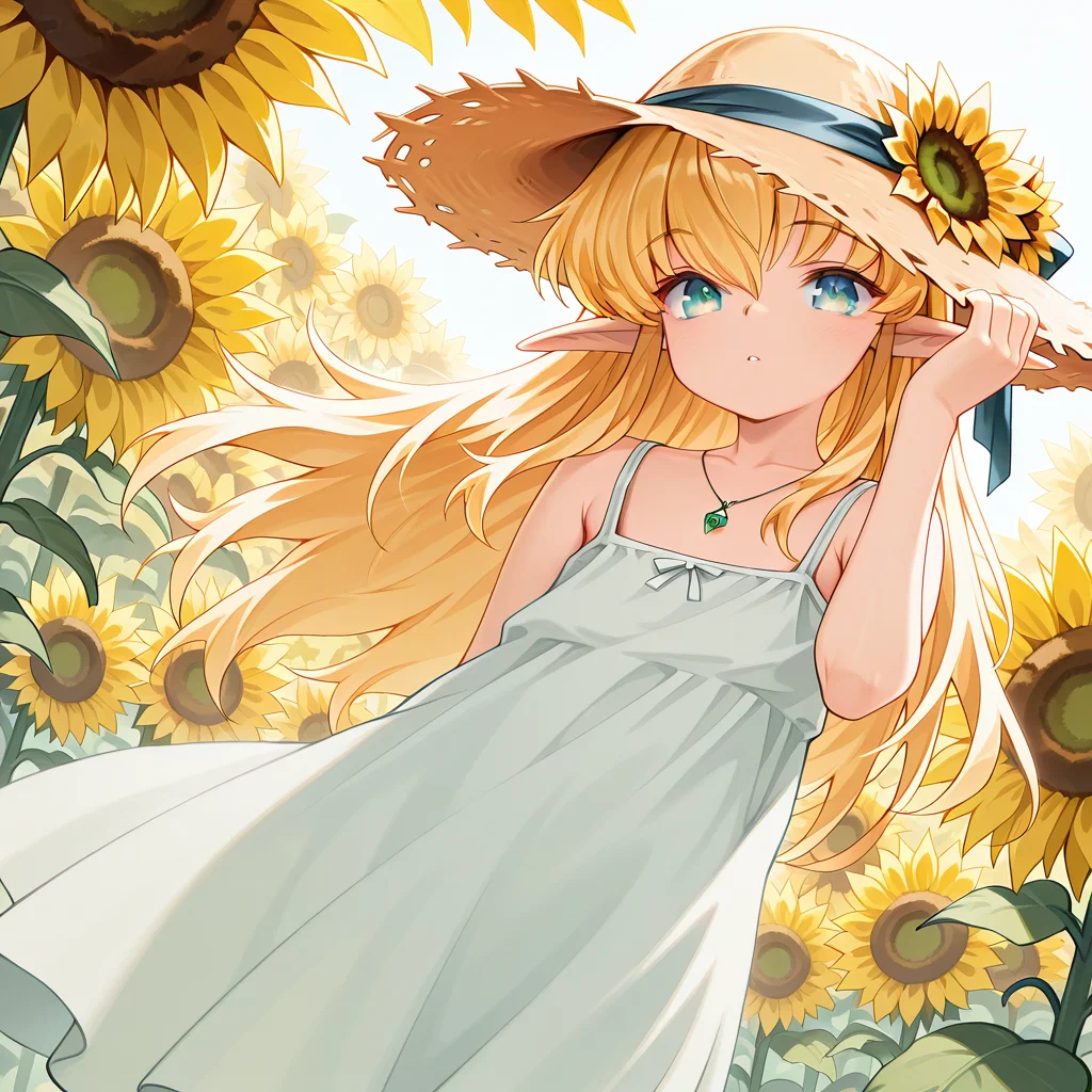 1girl,solo,<lora:IL_Collet_Brause_Pastel_Chime:1>,pc_cb,Collet Brause,elf,pointy ears,blonde hair,
dutch angle,with a golden hue,glowing,foreshortening,fantasy,looking at viewer,young,
sundress,
straw hat,hand on headwear,hat flower,sunflower,hat ribbon,jewelry,necklace,pendant,, masterpiece,best quality,amazing quality,very aesthetic,absurdres,