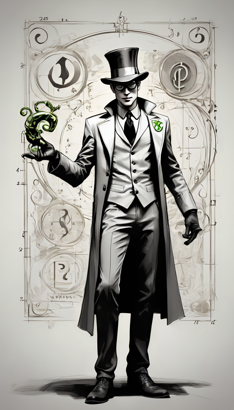 sketch_sheet, a drawing of a riddler, ((black and white:1.5)), (paper background:1.5) golden ratio, detailed, sharp focus, intricate, still, dynamic, full color, attractive, cinematic, highly saturated colors, surreal, open intriguing, very inspirational, glowing, magical, thought fascinating, creative, positive, unique  <lora:sketches-sdxl:1>