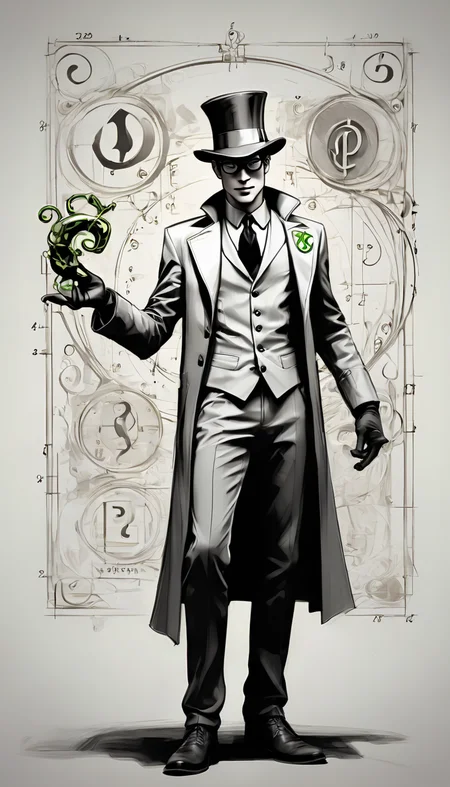 sketch_sheet, a drawing of a riddler, ((black and white:1.5)), (paper background:1.5) golden ratio, detailed, sharp focus, intricate, still, dynamic, full color, attractive, cinematic, highly saturated colors, surreal, open intriguing, very inspirational, glowing, magical, thought fascinating, creative, positive, unique <lora:sketches-sdxl:1>