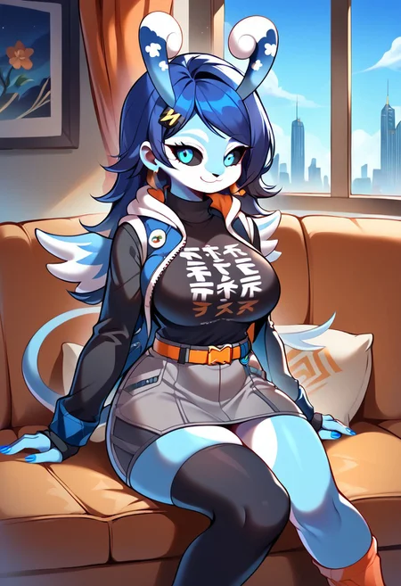 score_9, score_8_up, source_anime, source_furry, full body, 1futa, solo, mature female, curvy, (large breasts:1.5), (large bulge:1.2), (long hair:1.5), (bright blue eyes:1.5), (black sclera:1.5), glowing eyes, (blue nails:1.5), belle, blue hair, hair ornament, belt, black shirt, black thighhighs, clothes writing, earrings, fingerless gloves, gloves, grey shorts, jewelry, long sleeves, orange belt, orange flower, orange socks, shirt, single fingerless glove, single thighhigh, jacket, hoodie, turtleneck, melusine, curly ears, thin tail, wings, blue skin, swept bangs, straight hair, smile, sitting on couch, sexy pose, seductive look, room, window, curtains, cityscape, blue sky