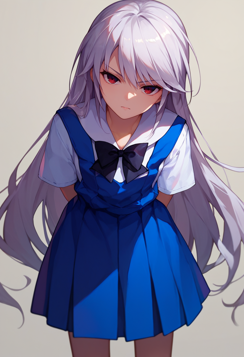 score_9, score_8_up, score_7_up, 1girl, kazami kazuki, silver hair, long hair, red eyes, blue school uniform, black bow, arms behind back, bent over,  looking at viewer, front view,     <lora:Kazuki DORA6-000007:1>