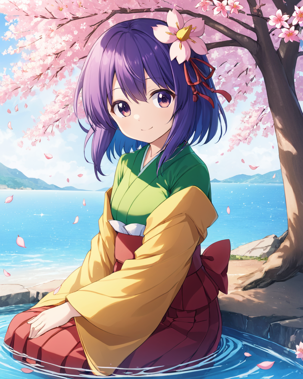 hieda no akyuu,1girl, solo, hair_flower, sitting, smile, kimono, petals, cherry_blossoms, tree, looking_at_viewer, water, skirt
<lora:hieda_no_akyuu_image926_2023-12-20:1>,star-shaped_pupils,symbol-shaped_pupils,. gorgeous,key visual, vibrant, studio anime,award-winning, professional, highly detailed,high budget, cinemascope