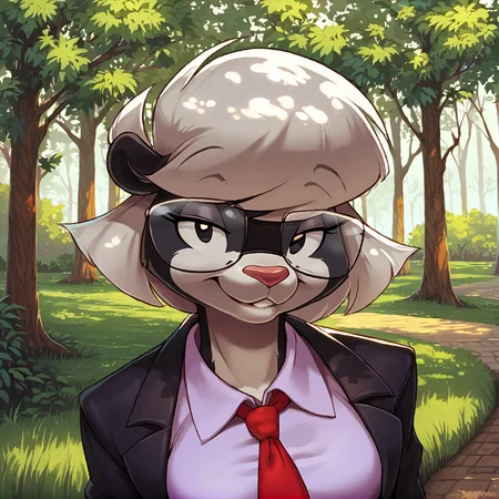 score_9, score_8_up, score_7_up, score_6_up, score_5_up, score_4_up, (Source furry), (rating safe), <lora:SabrinaSkunk:0.8>, sabrina skunk, outside, trees, grass, sidewalk, detailed background, skunk girl, two tone fur, glasses, furry female, white hair, short hair, wearing black hat, wearing black blazer, plain white t shirt, red necktie, smile, looking at viewer, standing, bottomless, upper body, black eyes, medium breasts,