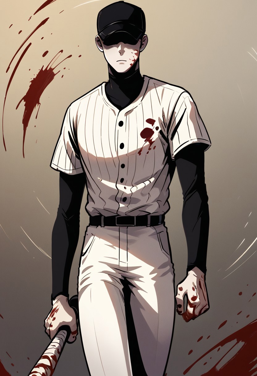 score_9, score_8_up, score_8, Zacharie_off, batter_off, 1boy, baseball suit with stripes, black cap, hidden face, holding bat towards viewer, blood on bat