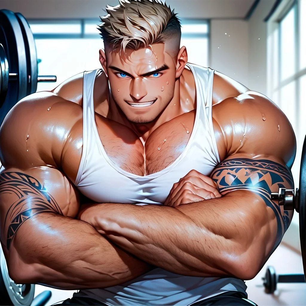 score_9,score_8_up,score_7_up, score_9, score_8_up, Intricate Details, Masterpiece, Best Quality, 1man, mature, bara, solo, male focus, correct anatomy, perfect hands, stylized seinen anime style, lots of details, shaded skin, shaded, detailed shading, detailed skin, counter shading, five fingers, toned male, tan skin, arm tattoos, dirty blonde hair, short hairstyle with shaved sides, bright blue eyes, facial hair, smirking, (Hairy body:1.2), muscular, string tank top, sweating, lifting weights, working out, gym