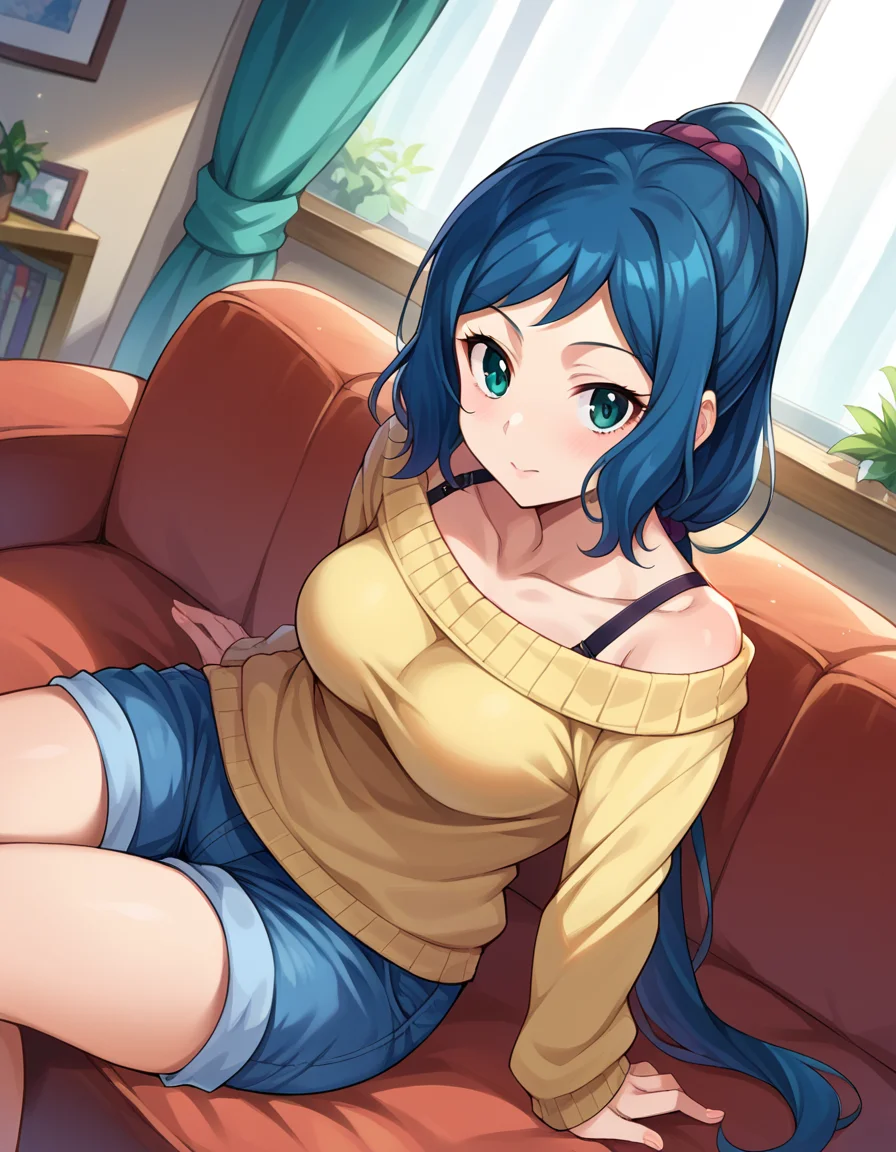 score_9, score_8_up, score_7_up, source_anime,
ioririnko, <lora:iori-rinko-ponyxl-lora-nochekaiser:1>,
iori rinko, blue hair, blue eyes, sidelocks,
sweater, long sleeves, long hair, ponytail, off-shoulder sweater, collarbone, bra strap, shorts, denim shorts,
indoors, couch, sitting,
looking at viewer, dutch angle, cowboy shot,