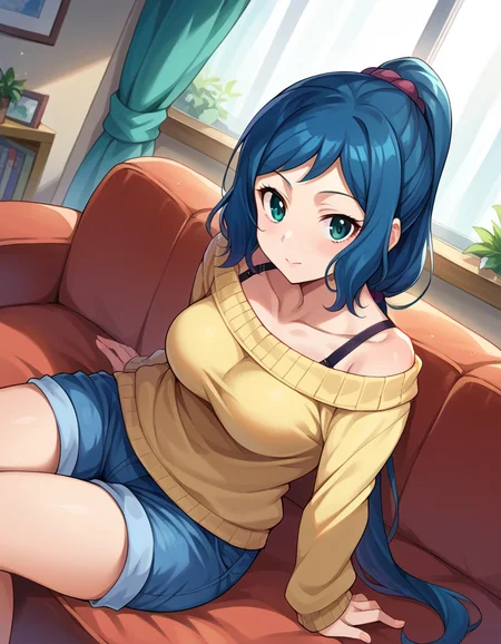 score_9, score_8_up, score_7_up, source_anime,
ioririnko, <lora:iori-rinko-ponyxl-lora-nochekaiser:1>,
iori rinko, blue hair, blue eyes, sidelocks,
sweater, long sleeves, long hair, ponytail, off-shoulder sweater, collarbone, bra strap, shorts, denim shorts,
indoors, couch, sitting,
looking at viewer, dutch angle, cowboy shot,